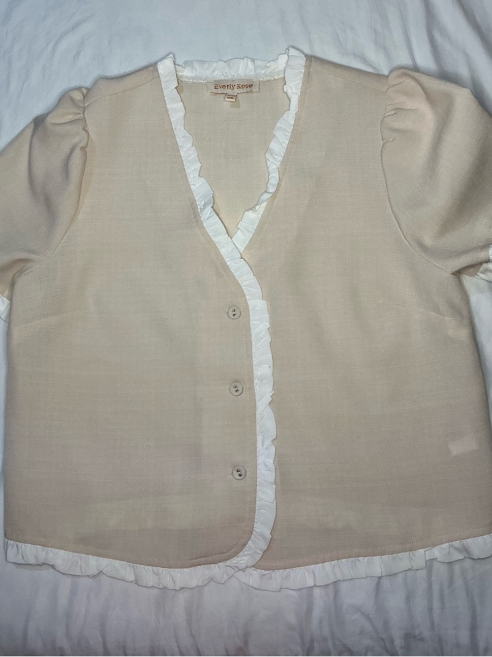 Cream Ruffle-Trim V-Neck Blouse